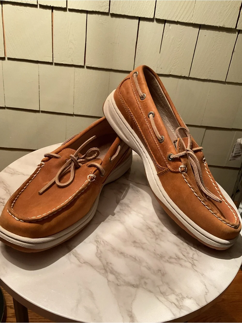 L.L. Bean Men's Leather Boat Shoes in Cognac Brown